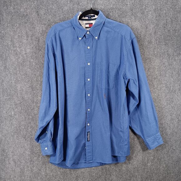 Tommy Hilfiger Dress Shirt Mens 16 Blue Cotton Pleated Chambray Embroidered Logo - Picture 1 of 16